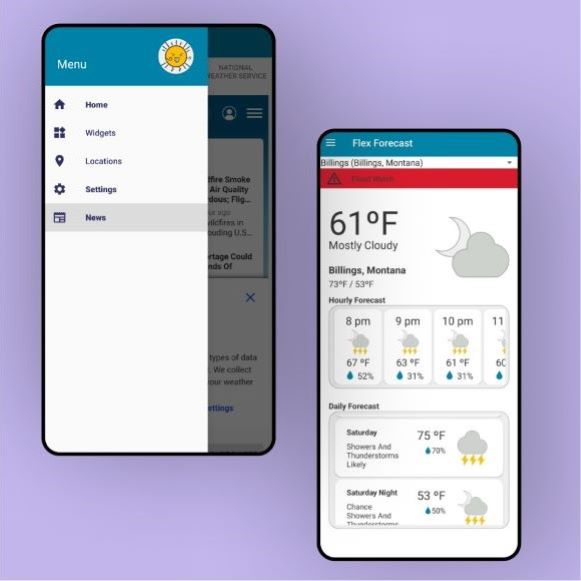 Display of the menu and home screen of the flex forecast app.